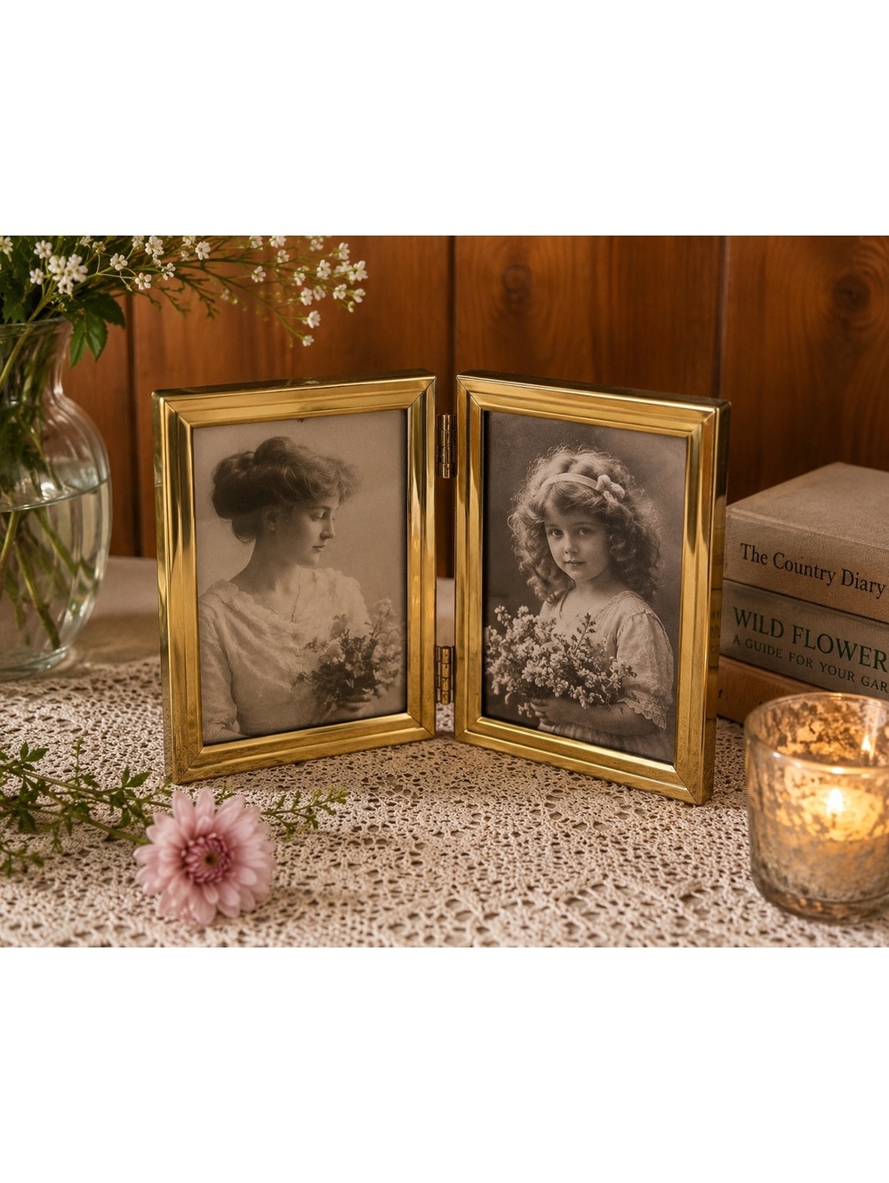 Vintage Solid Brass Double Hinged Photo Frame 3.5x5 Folding Picture Frame